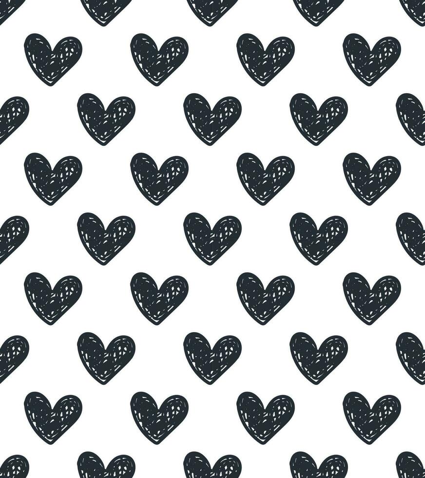 Abstract seamless drawing black heart pattern. Pattern with textured hearts on white background. vector