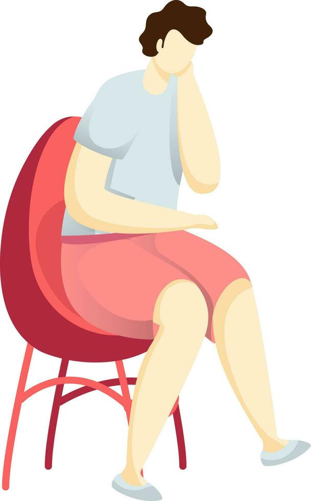 Faceless man character sitting on chair in sad and thinking pose. vector