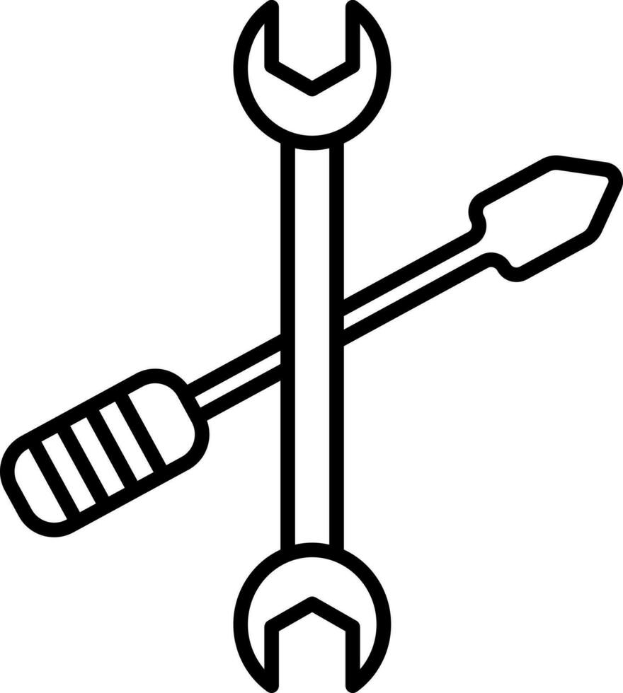 Screwdriver and wrench in black line art. vector