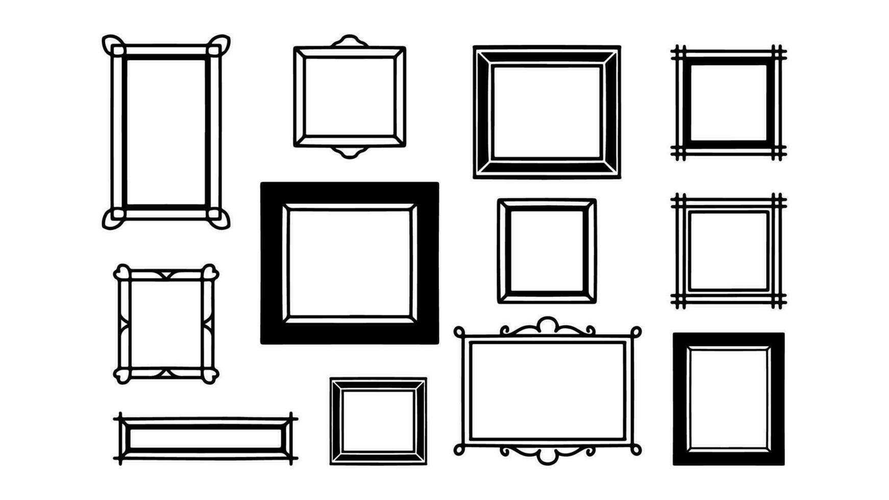 Doodle hand drawn frame set. Sketch drawing vector frames collection. pack of empty blank outline illustration, decorative square black stroke.