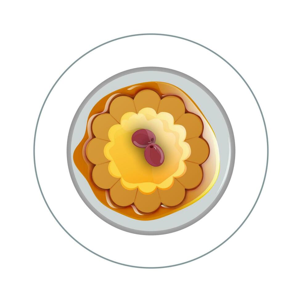 Top view of banh flan on white plate. vector