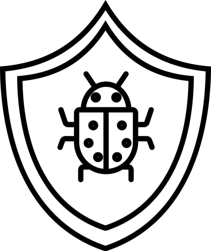 Bug on shield in black line art for security hacking concept. vector