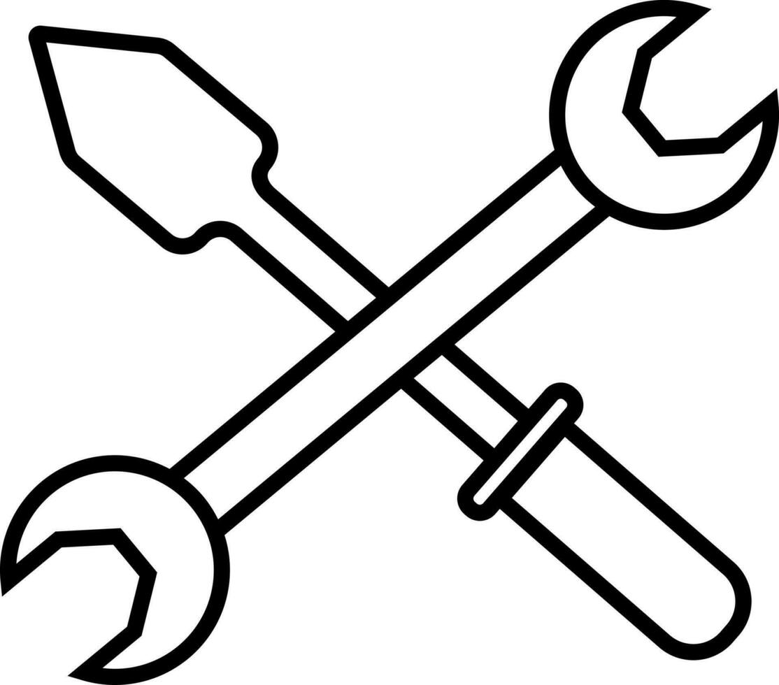 Black line art wrench with screw driver. vector