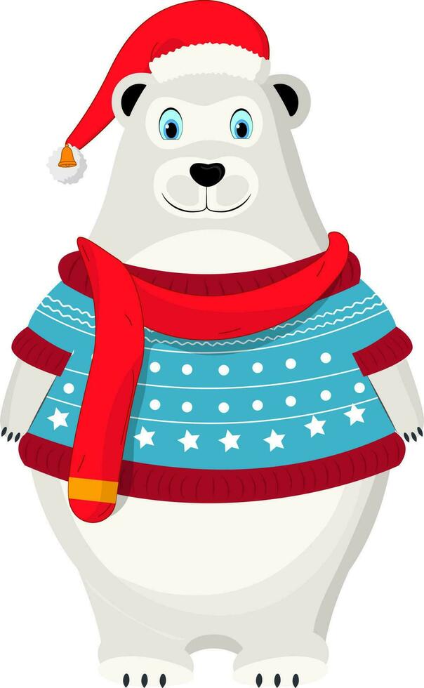 Polar bear character wearing santa hat in standing pose. vector