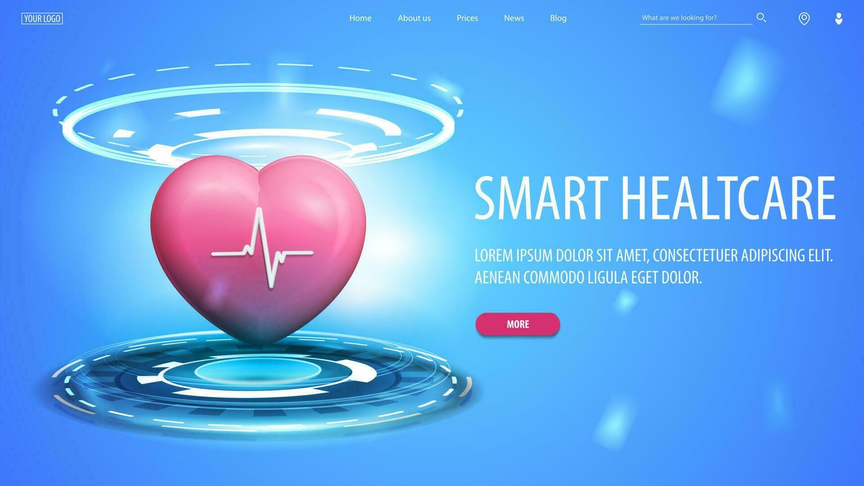 en línea medicamento, azul web bandera con interfaz elementos y 3d corazón en holograma de digital podio vector