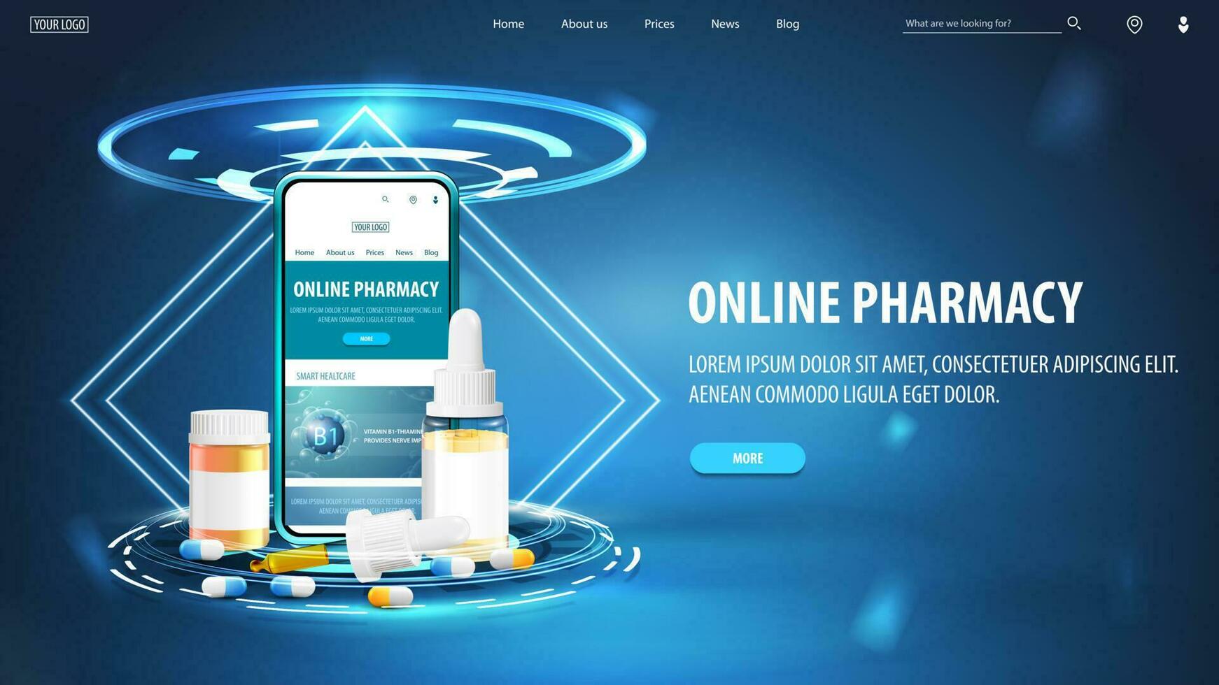 Online pharmacy, banner with hologram of podium with smartphone and medications in blue scene with neon rhombus frames and hologram of digital rings vector