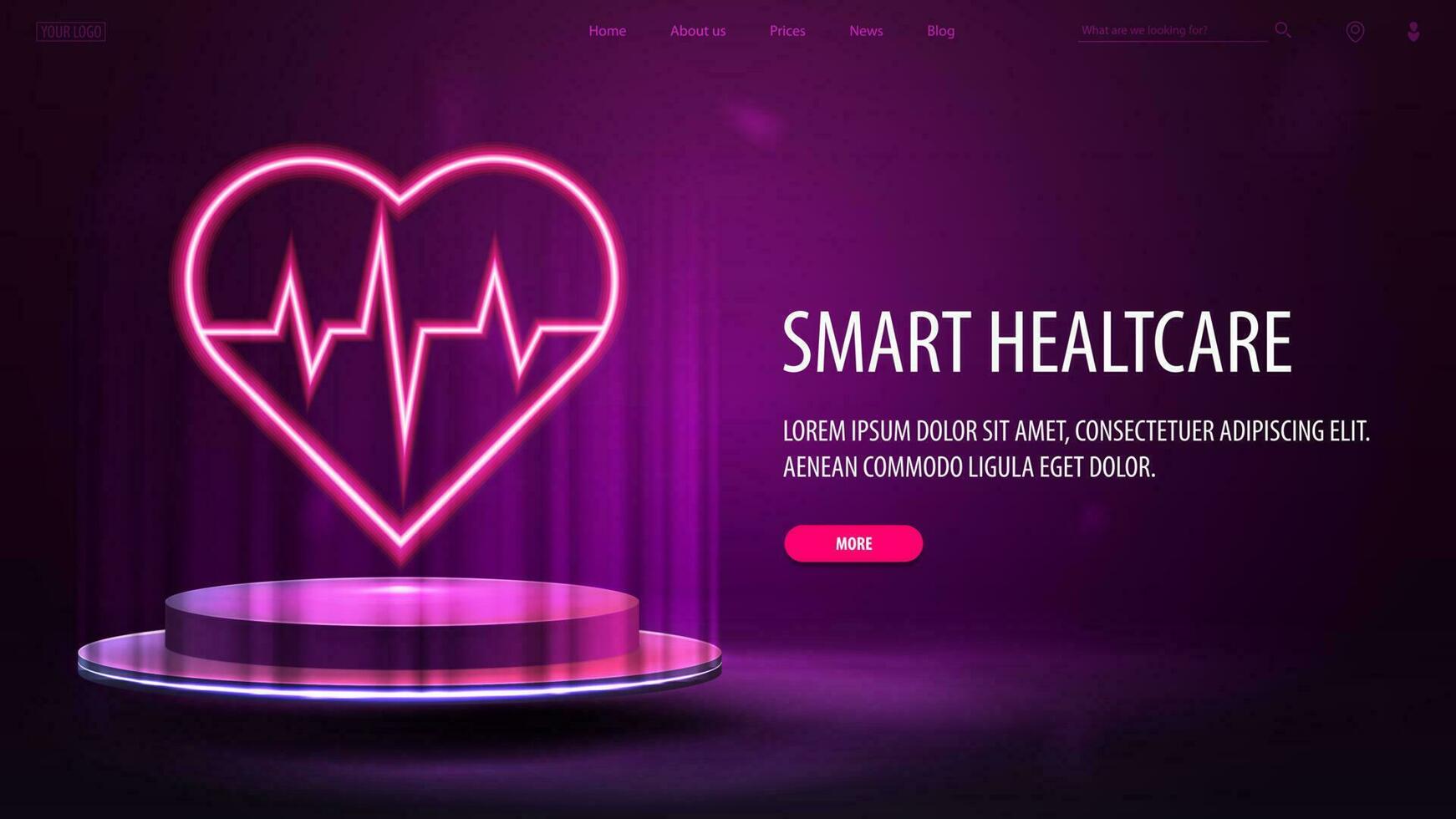 Online medicine, purple banner with neon heart with pulse on blue podium vector