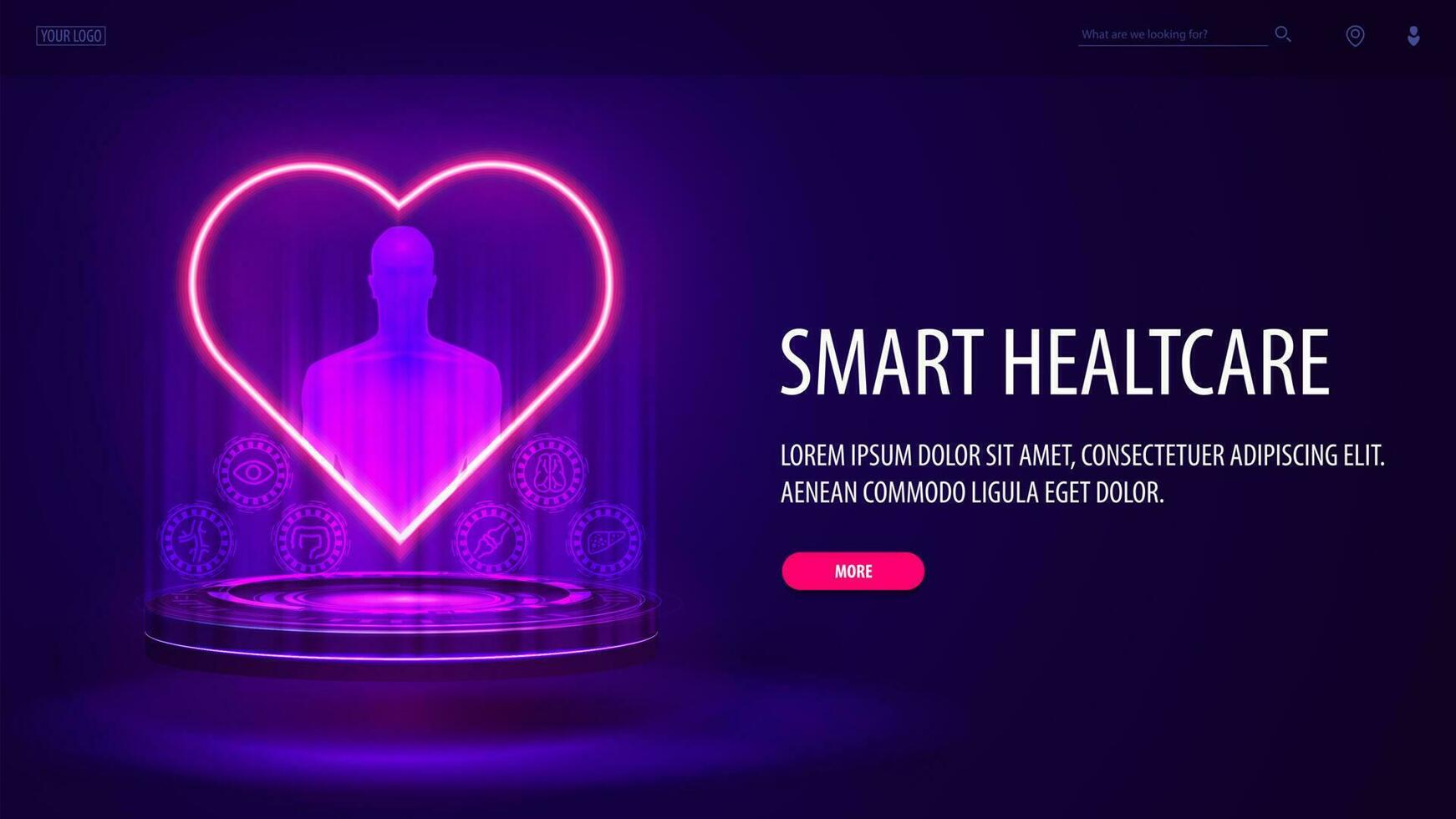 Online medicine, banner with silhouette of human on blue podium with neon heart vector