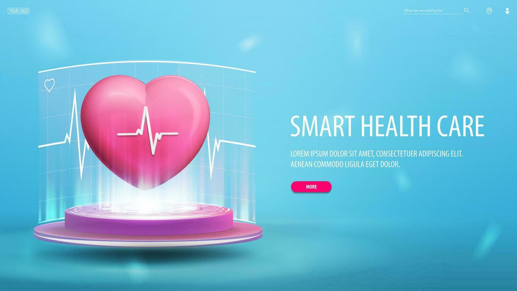 Smart health care, blue banner with interface elements and 3d heart on pink podium vector