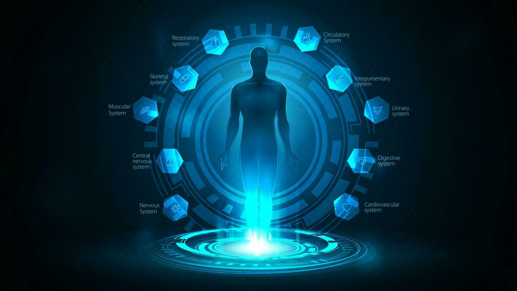 en línea medicamento, azul póster con silueta de humano dentro azul portal hecho de digital anillos en oscuro vacío escena vector