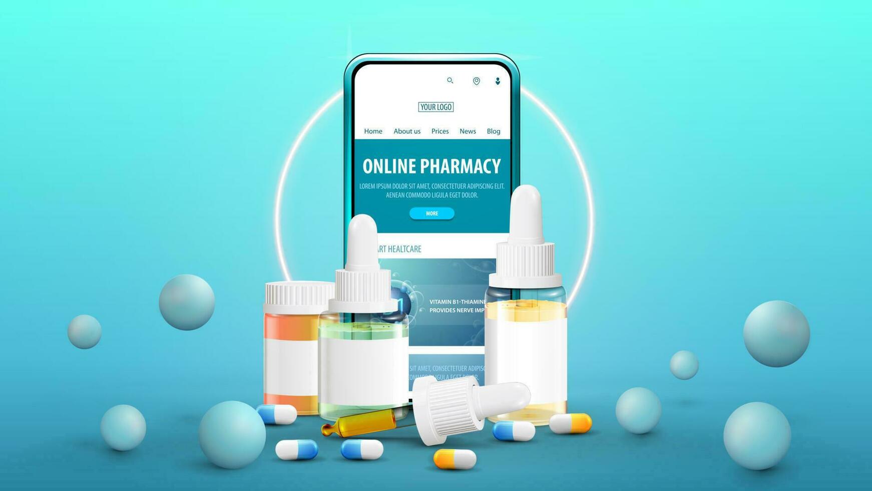 Online pharmacy, blue banner with smartphone, neon white ring and medications vector