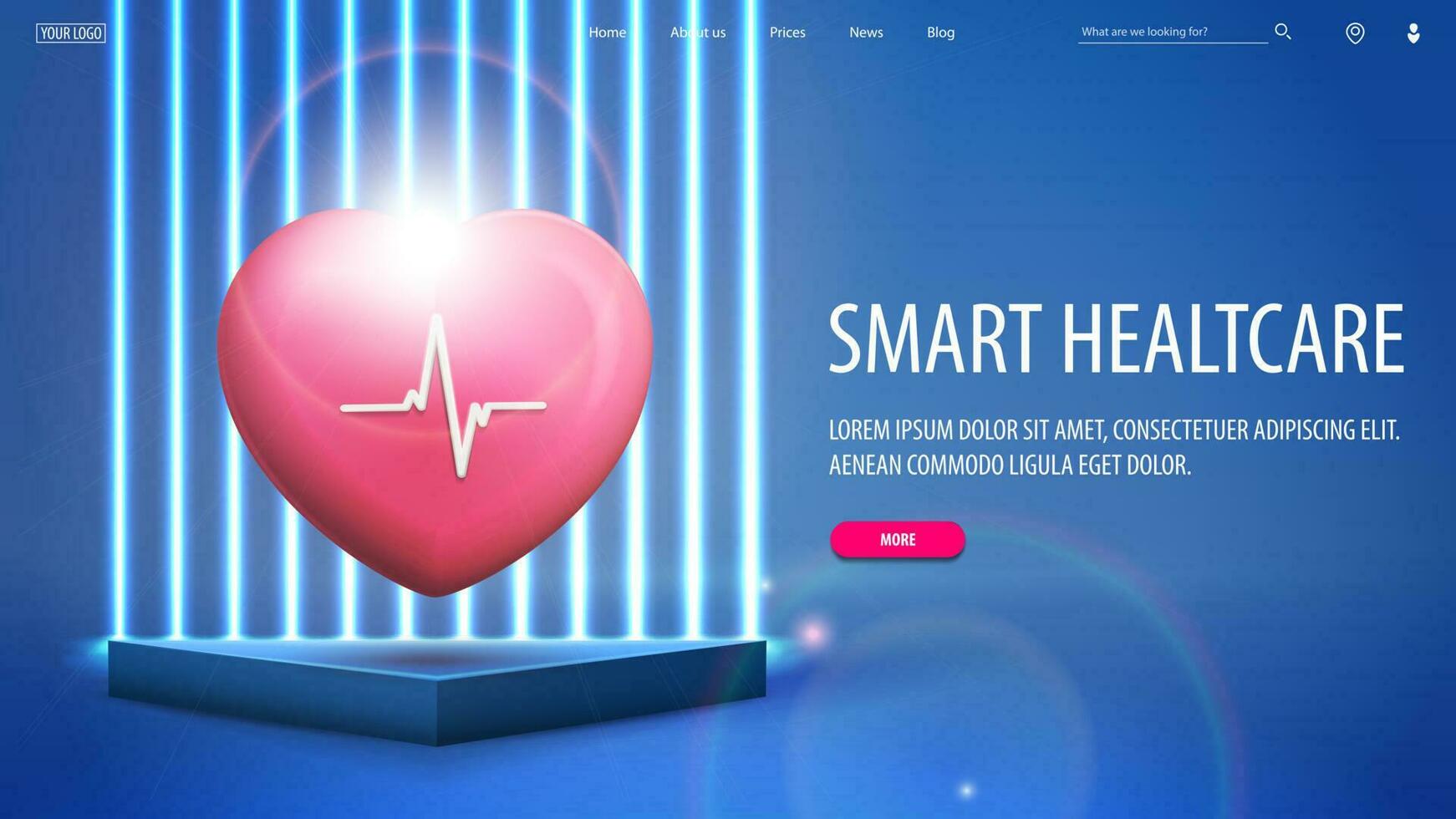 Online medicine, banner with 3d heart on blue podium with blue neon line wall on background vector