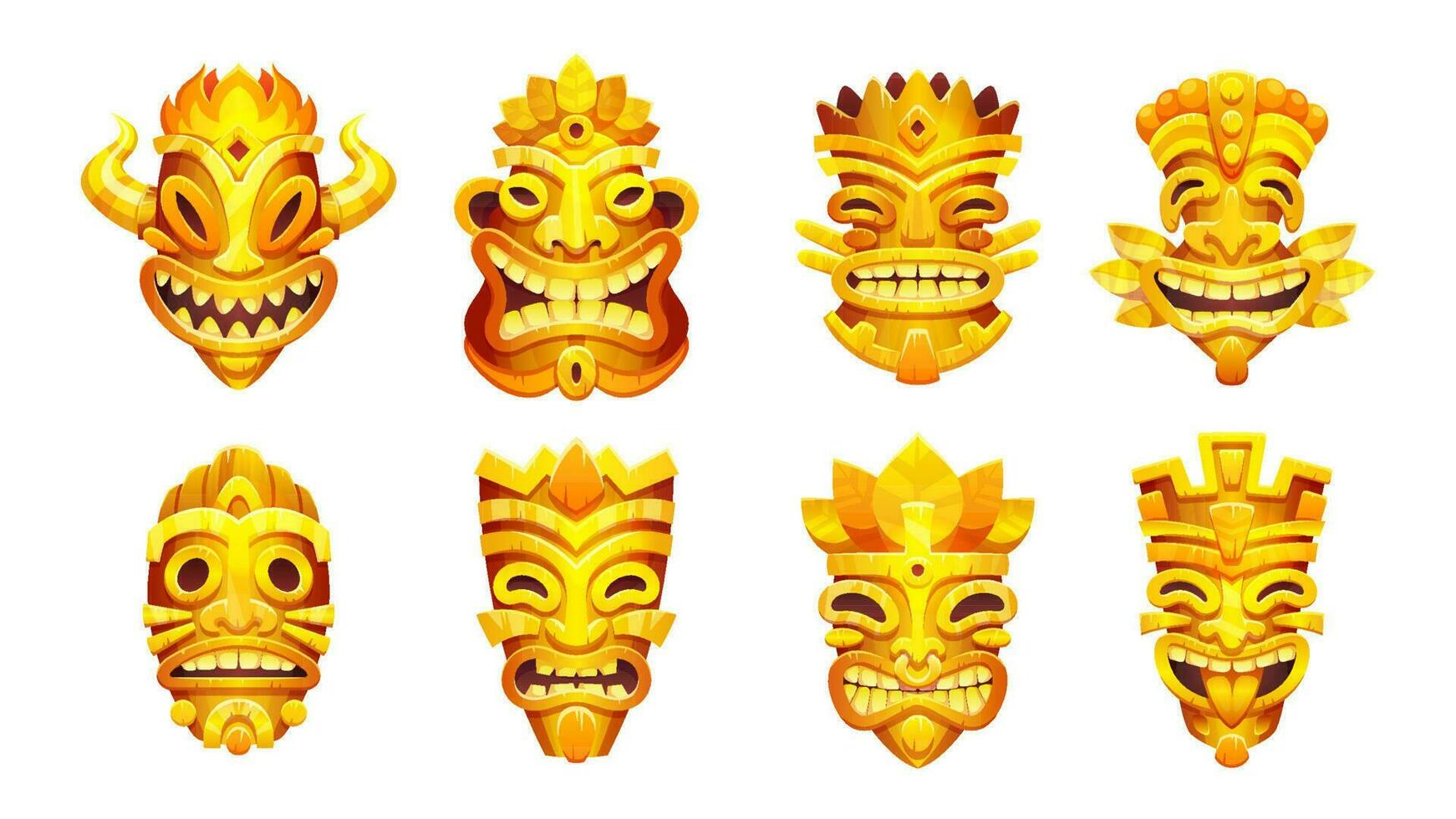 Cartoon set of totem tiki masks on white vector