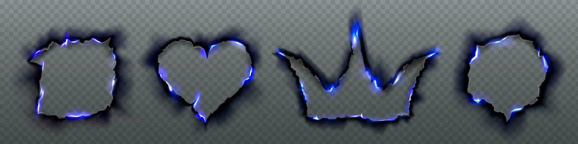 Blue burn hole frame with crown and heart shape. vector