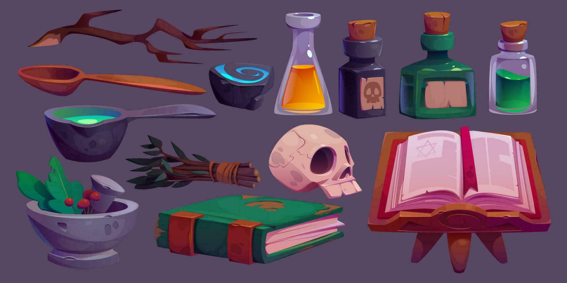 Magic potions, spell books, herbs icons vector