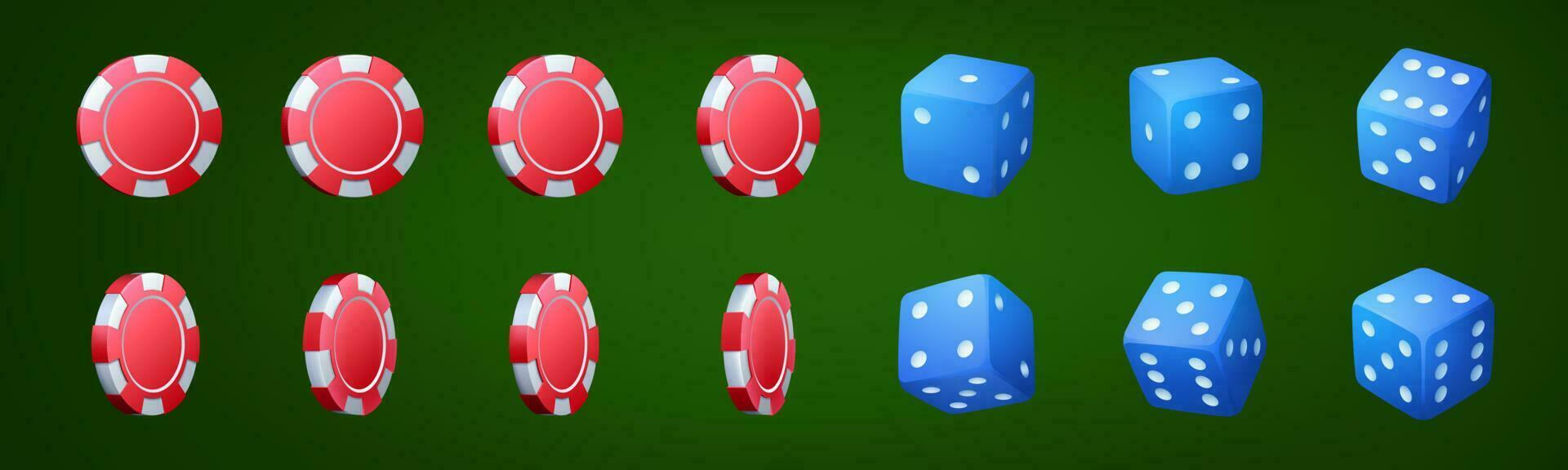 Realistic set of casino chips and dice on green vector