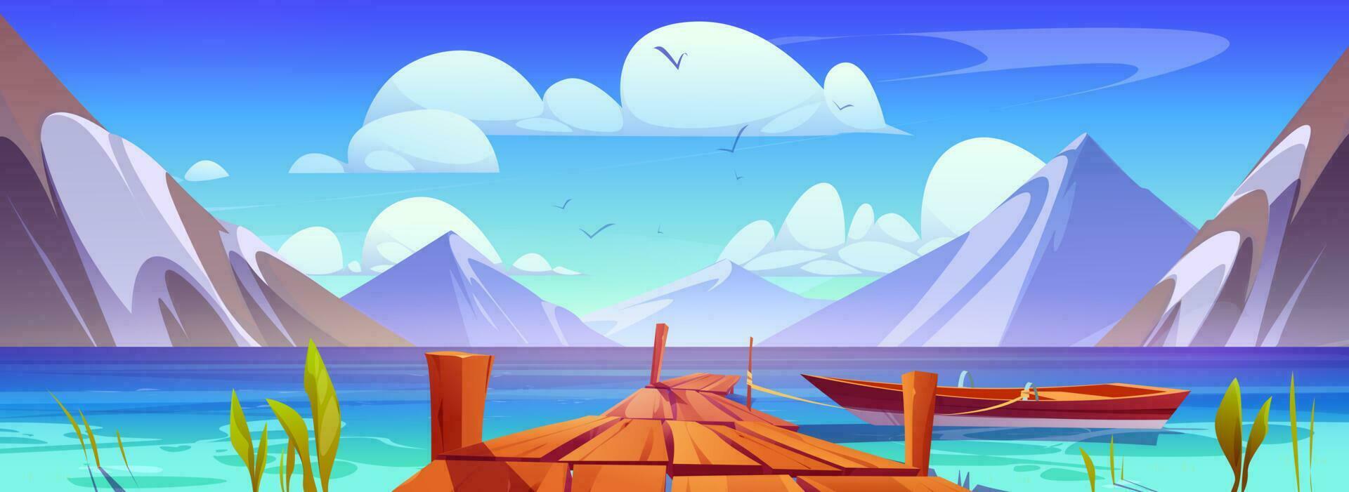 Pier on lake with mountain view cartoon landscape vector