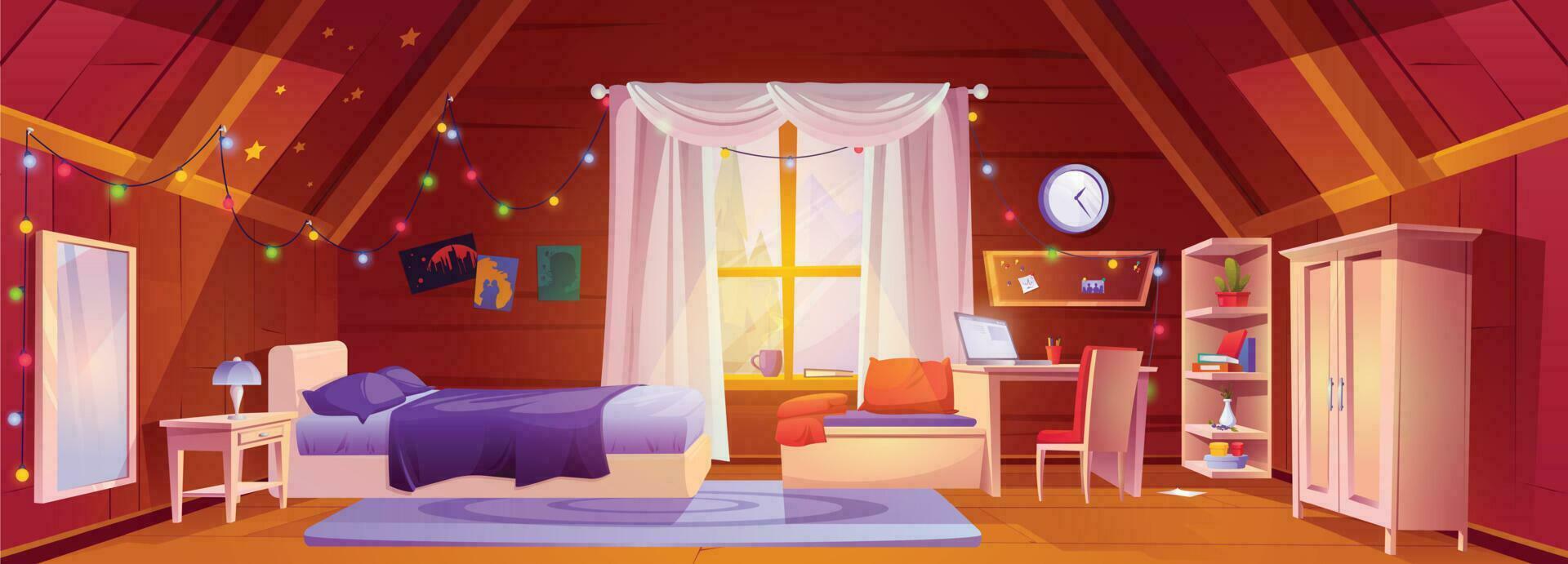 ático niña dormitorio interior con escritorio dibujos animados vector