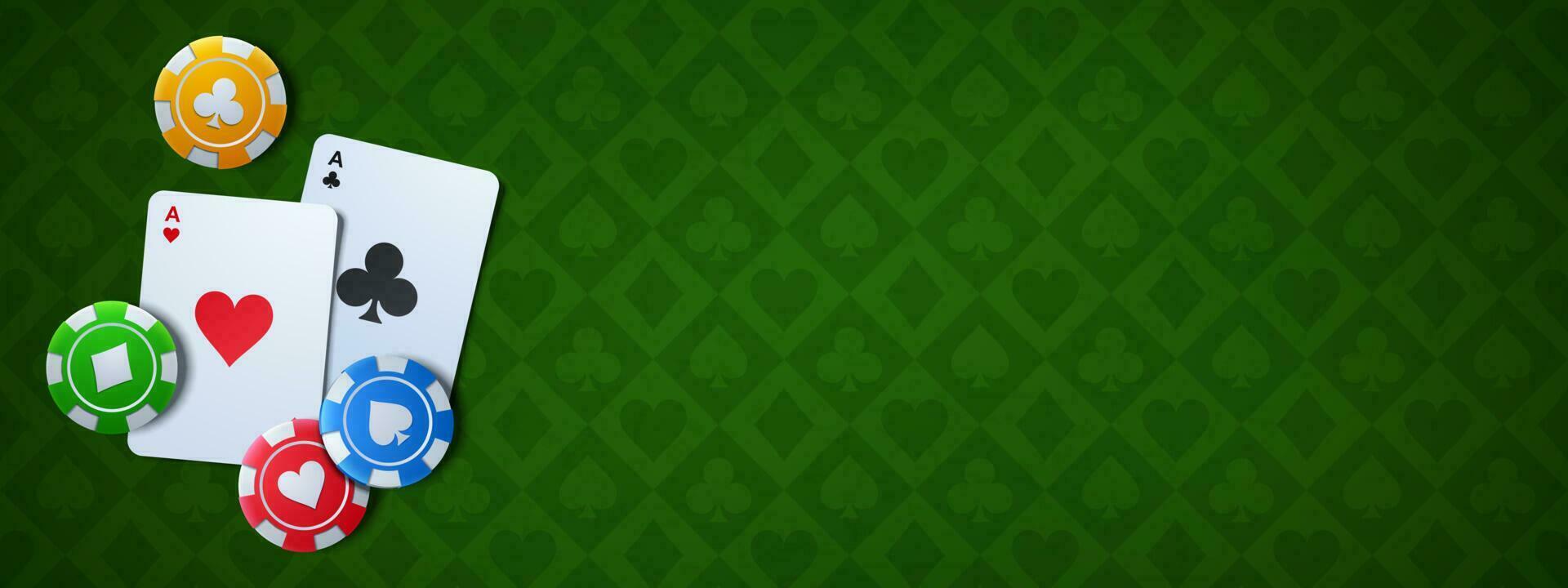 Realistic ace cards, chips on green casino table vector