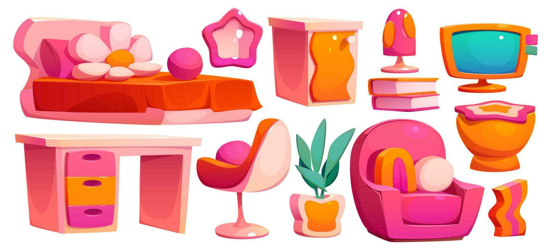 Cartoon set of girls bedroom furniture and decor vector