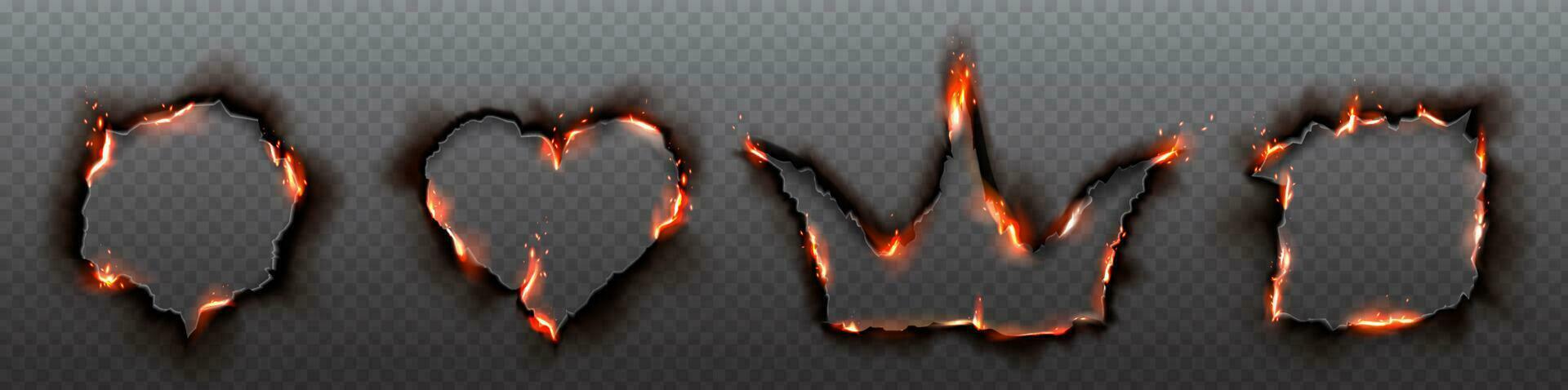 Orange burn hole frame with crown and heart shape. vector