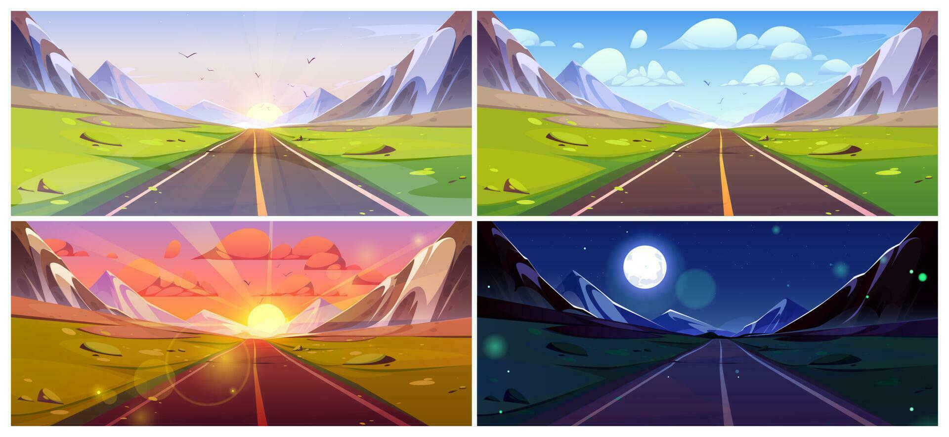Mountain road view landscape cartoon landscape set vector
