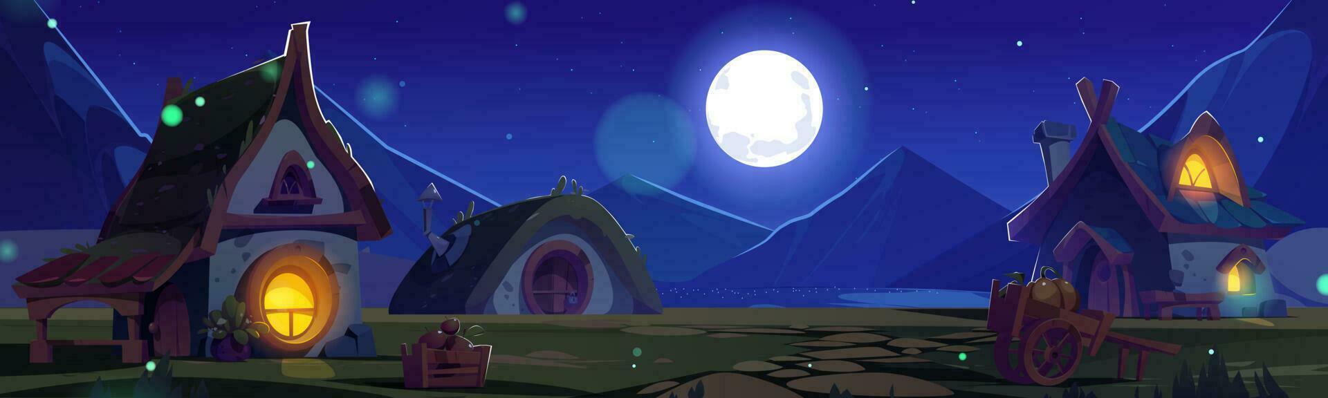Night village scene with cute fantasy dwarf house vector