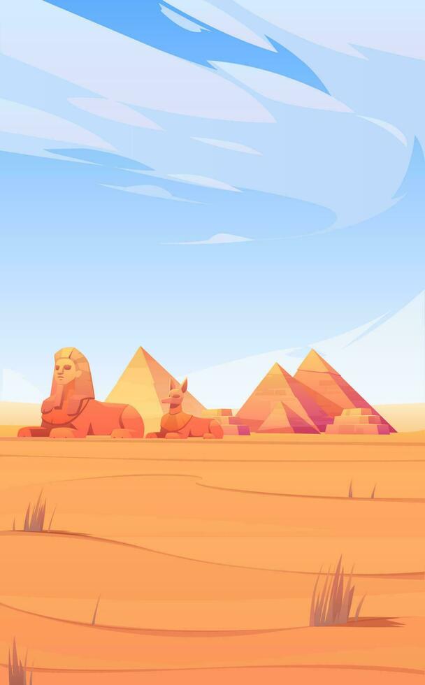 egipcio Desierto con pirámides, esfinge y anubis vector