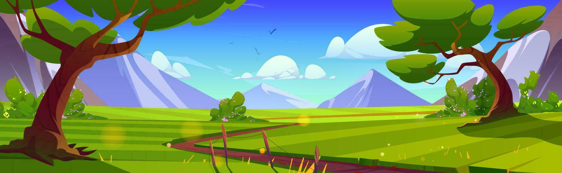 Path road in forest near mountain and grass field vector