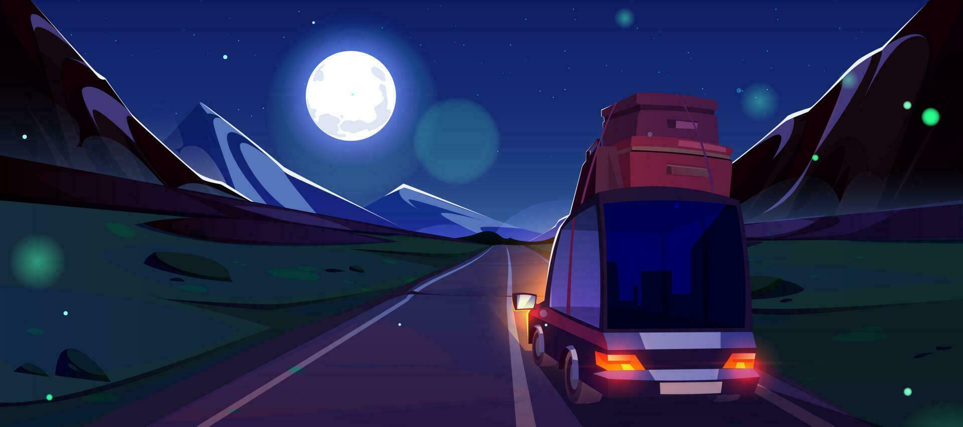 Night highway trip and mountain vector landscape