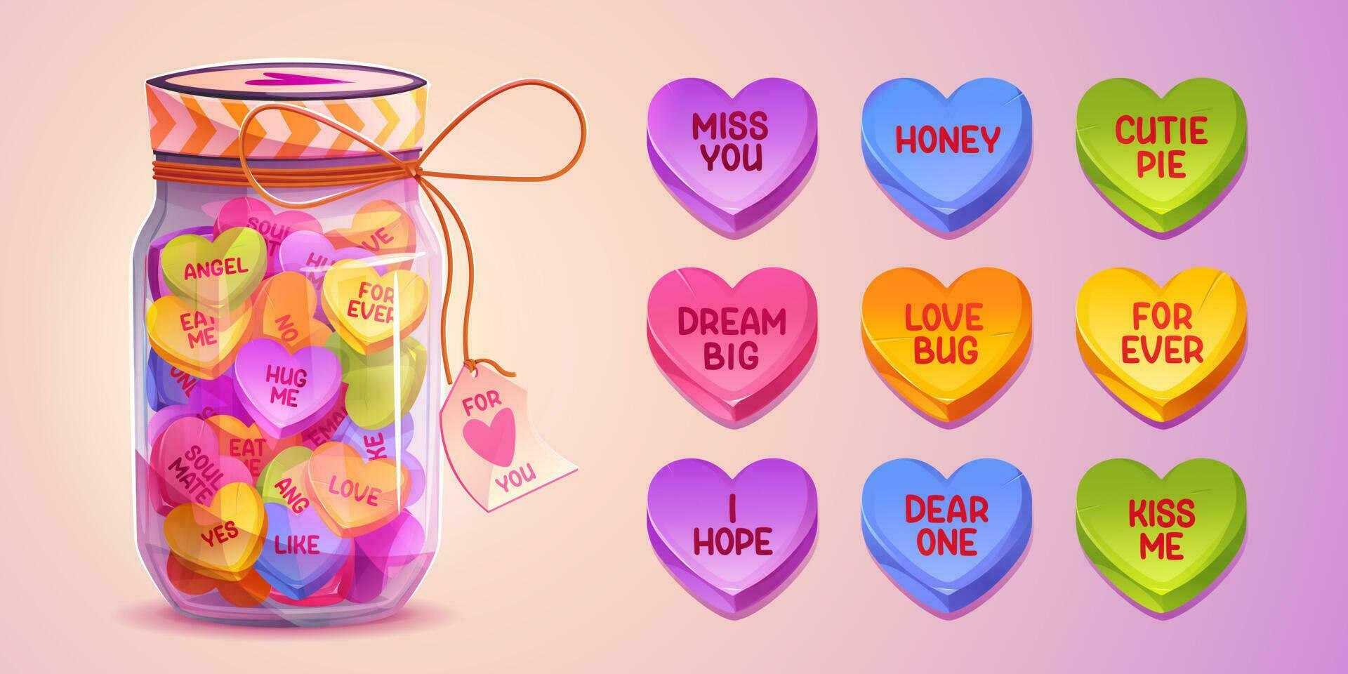 Valentine conversation heart candy in glass jar vector