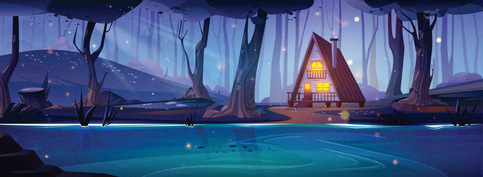 Night forest with lake, house and fireflies vector