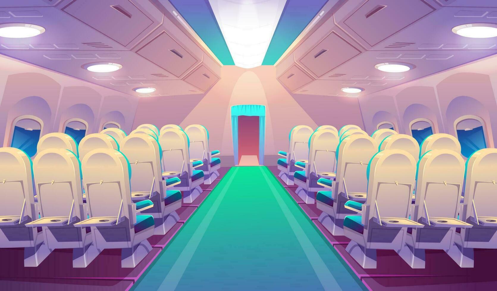 Empty airplane interior with chairs, plane salon vector