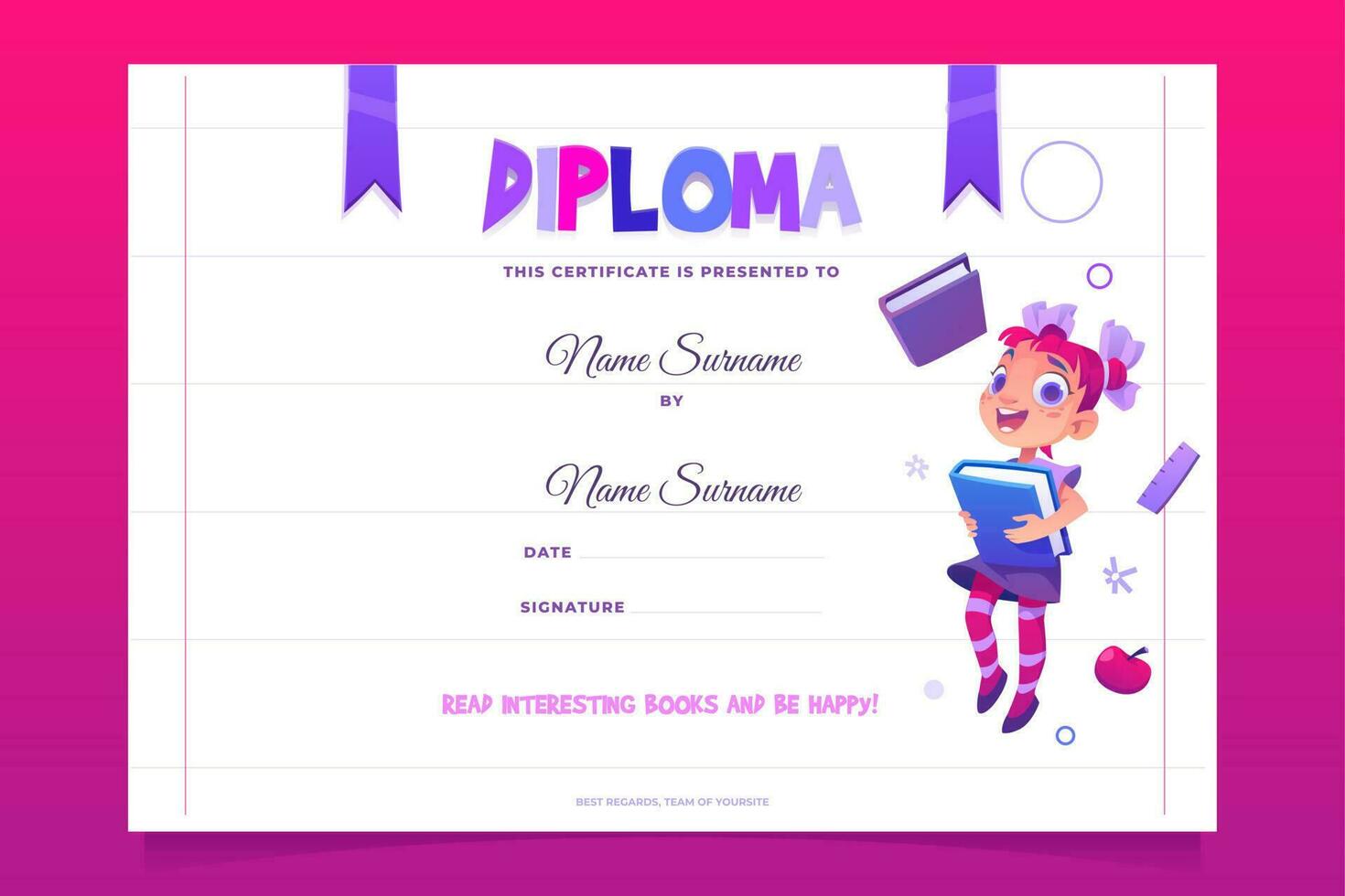 Kids school diploma happy child with book vector