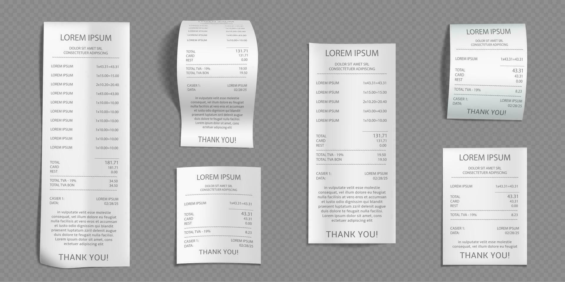 Realistic set of shop receipts on gray vector