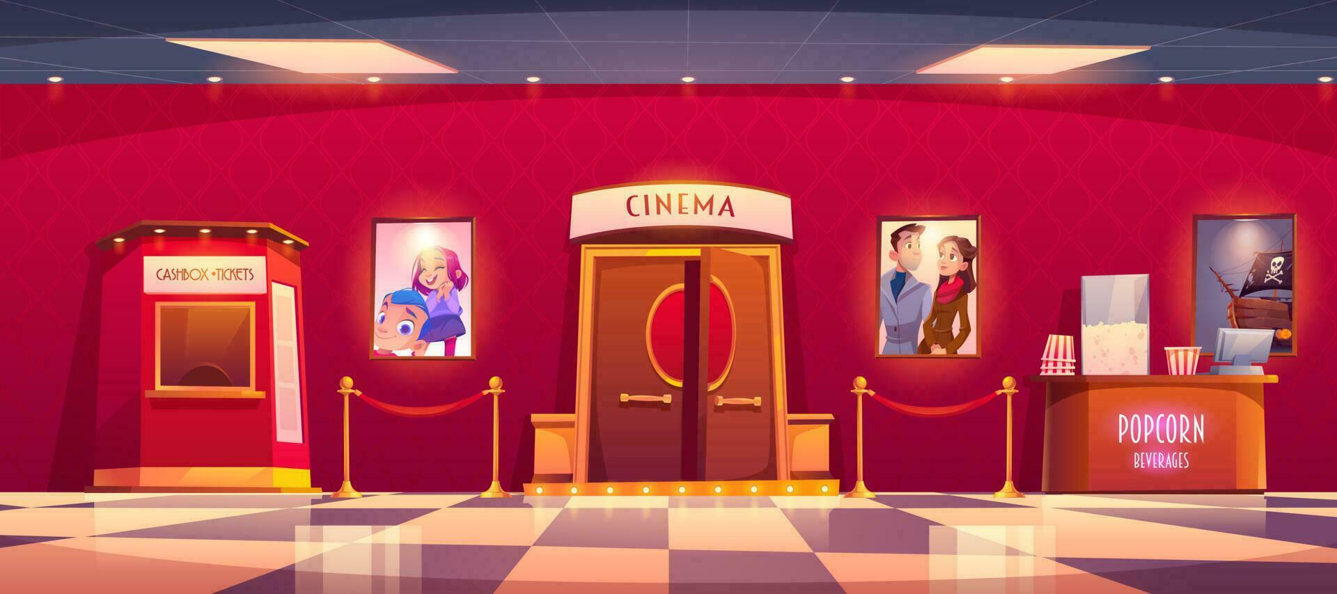 Cinema with cashbox and counter with popcorn vector