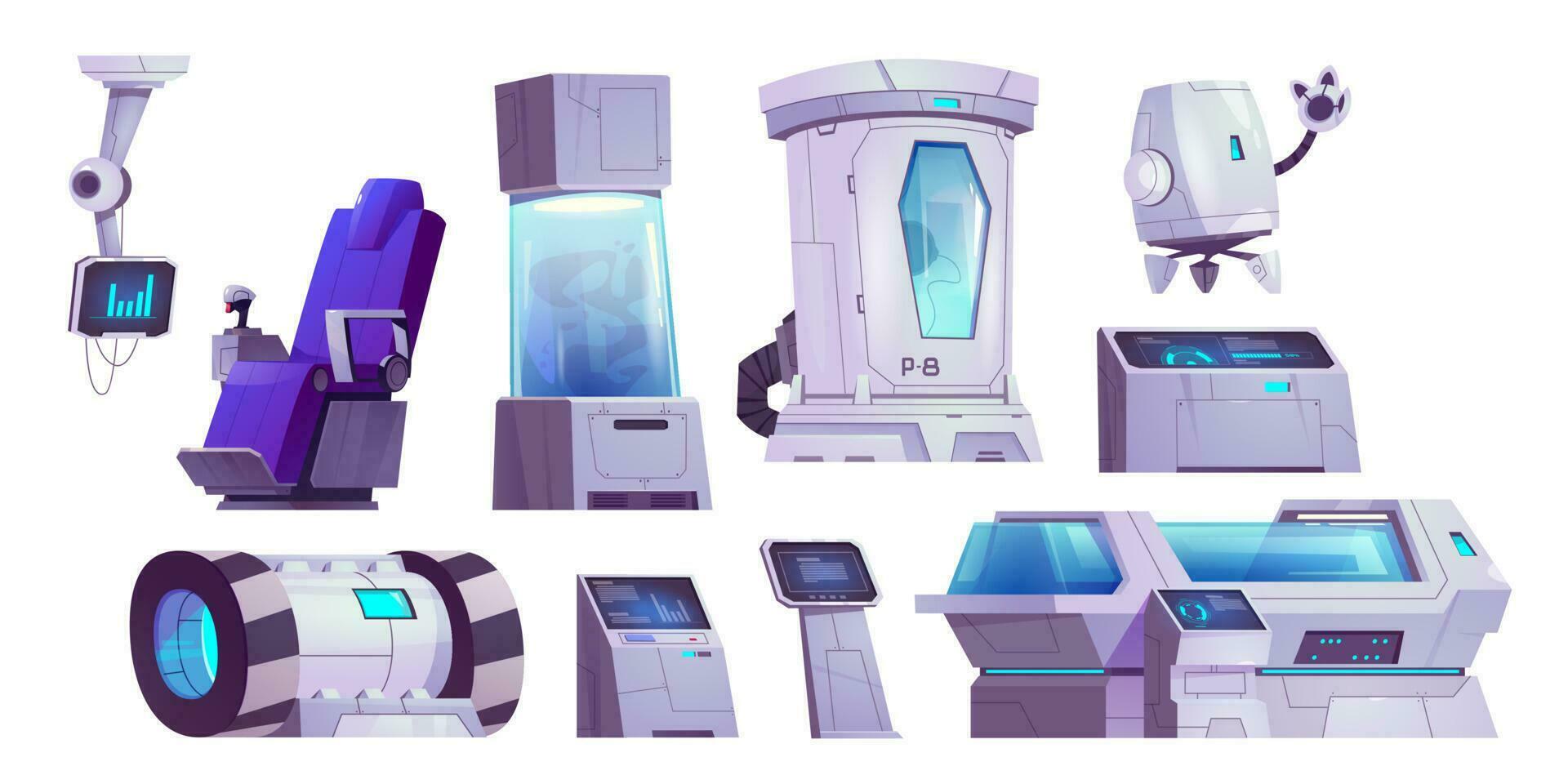 Futuristic cryogen capsule laboratory isolated set vector