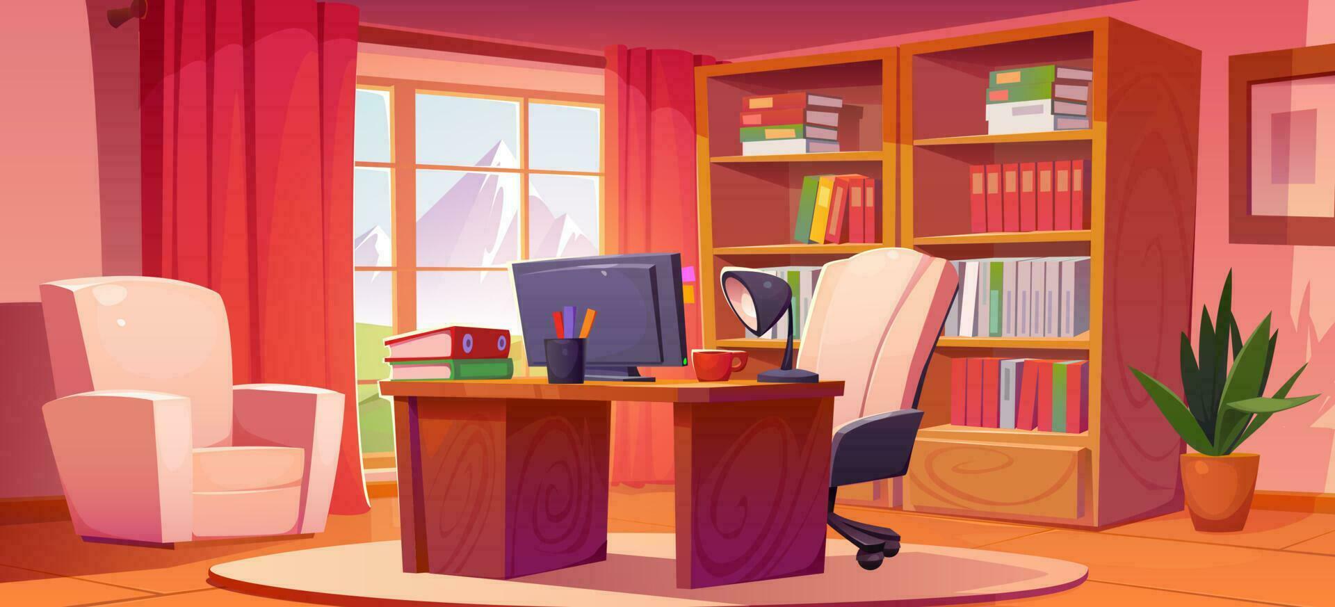 Home office interior design with mountain view vector