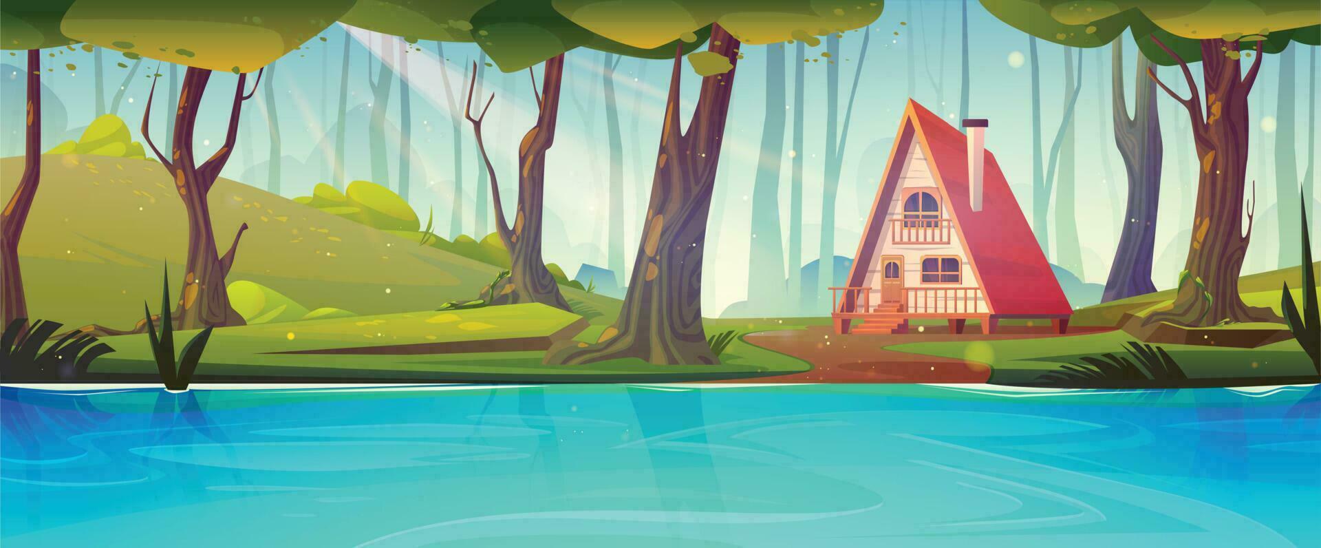 cabaña casa en bosque, río cuento de hadas paisaje vector