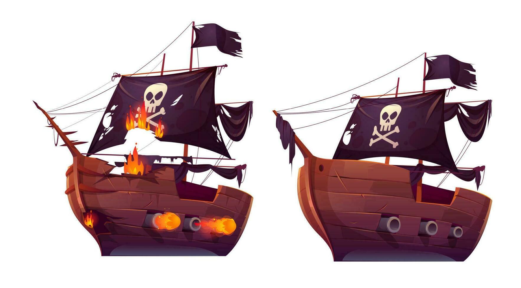 Sea battle of wooden ship, pirate sailboat vector