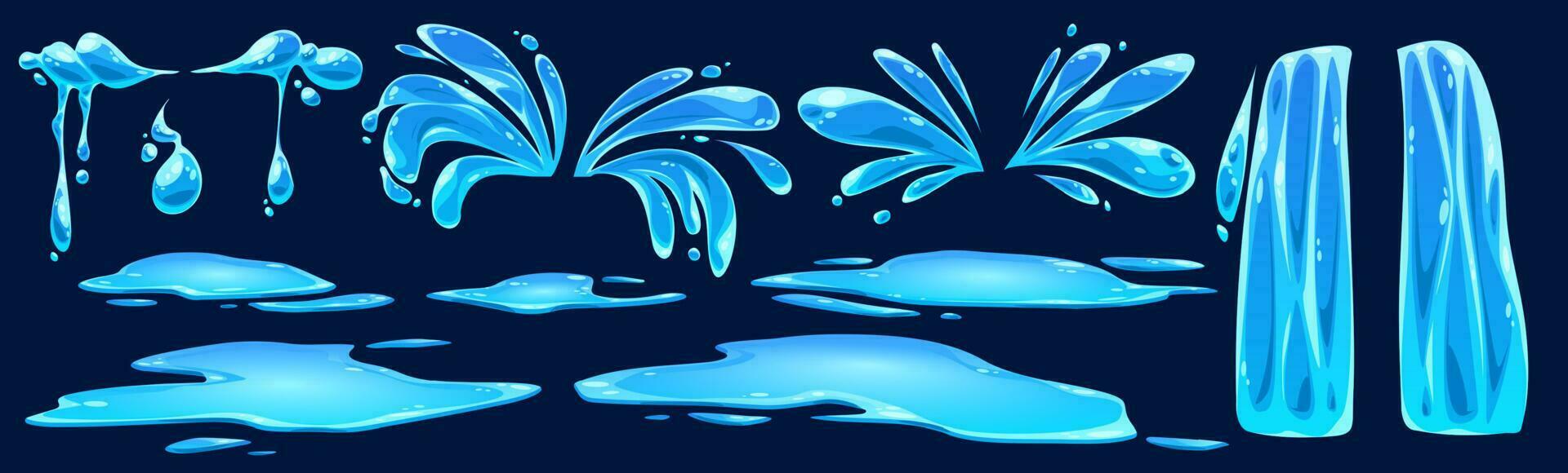 Cartoon set of water splash, drops, waterfall vector