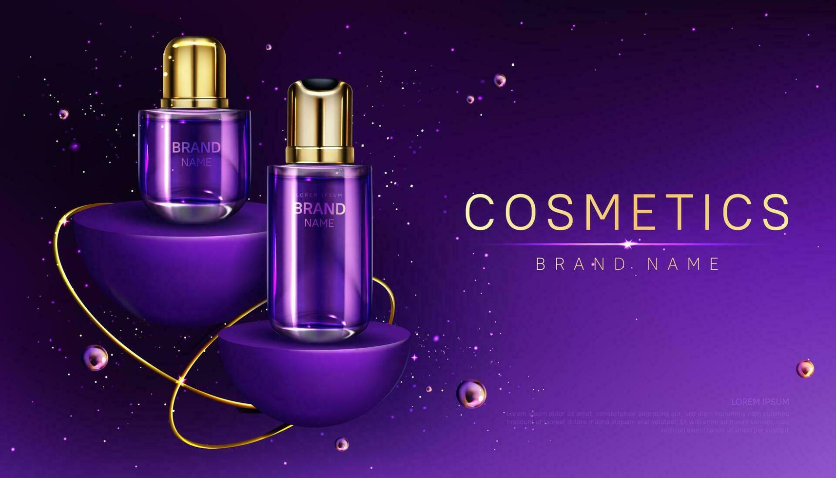Cosmetics bottles on podium perfume ad banner vector