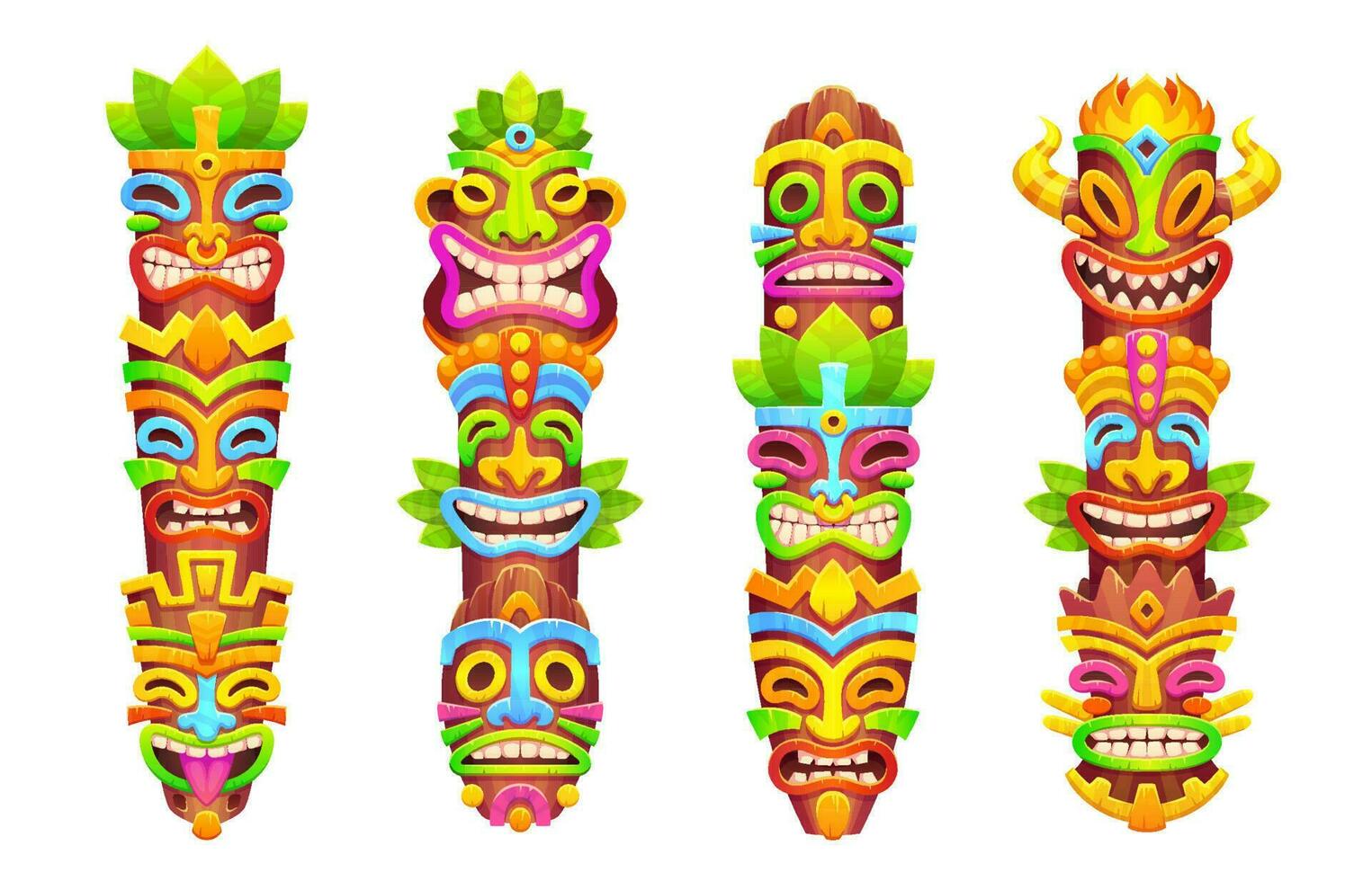 Hawaiian tribal totems with tiki masks on poles vector