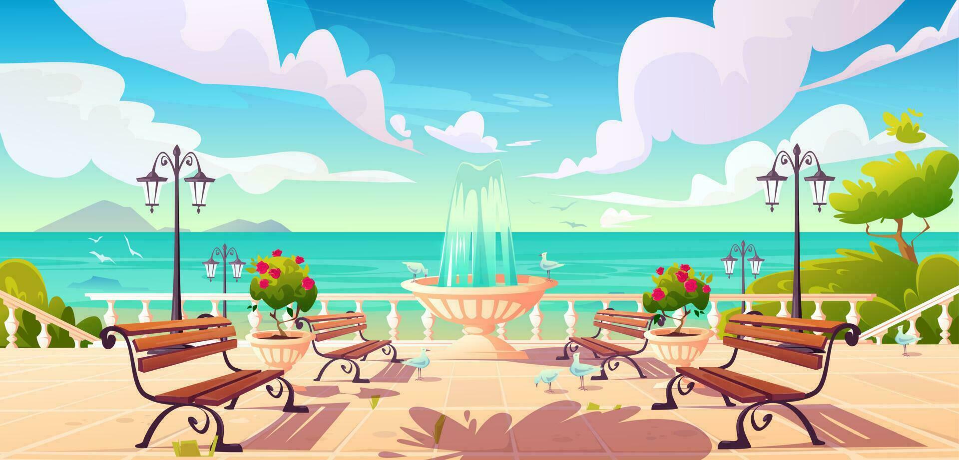 Summer seafront with fountain and benches vector