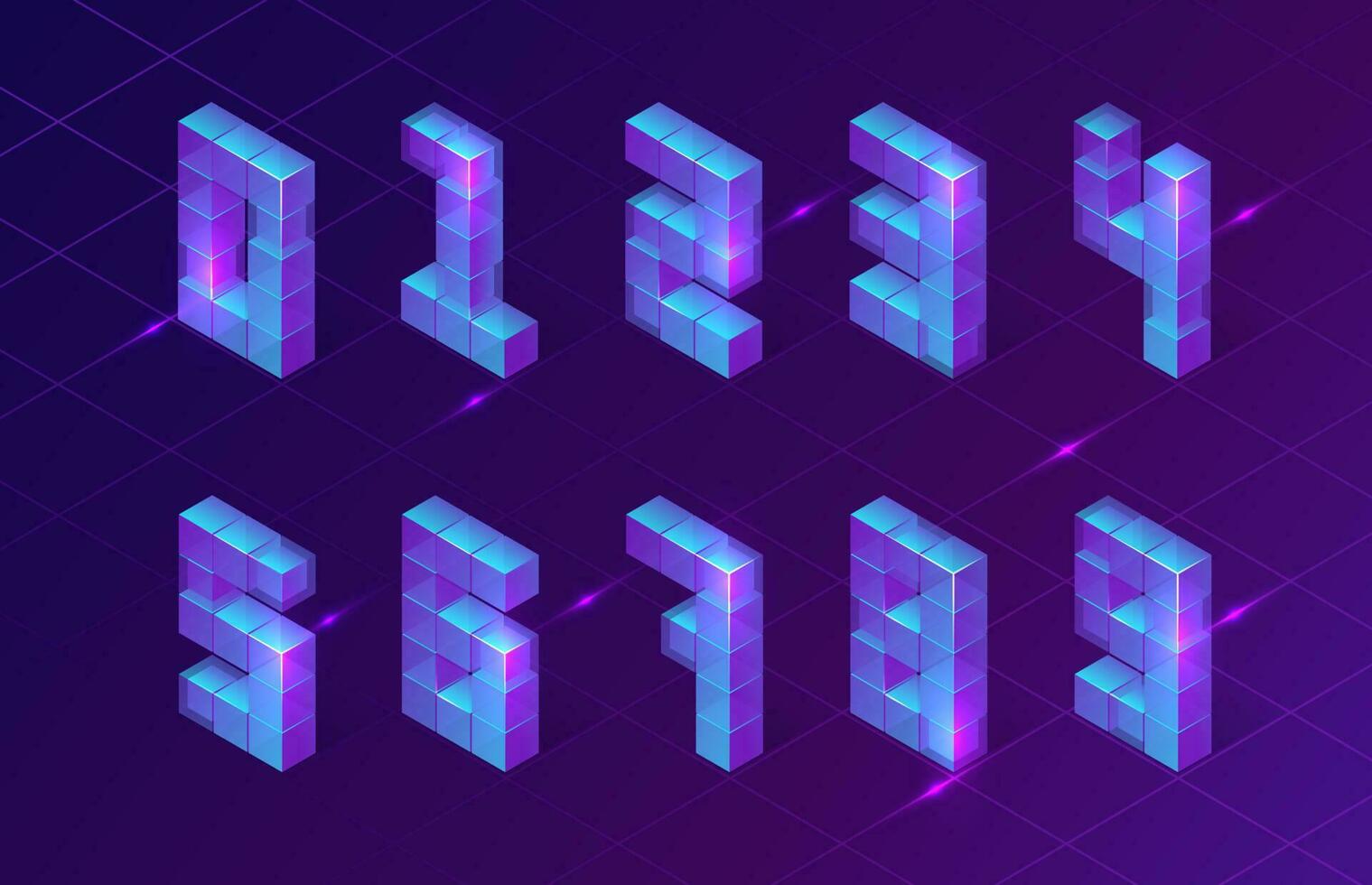 Isometric purple numbers made of 3d cubes, signs vector