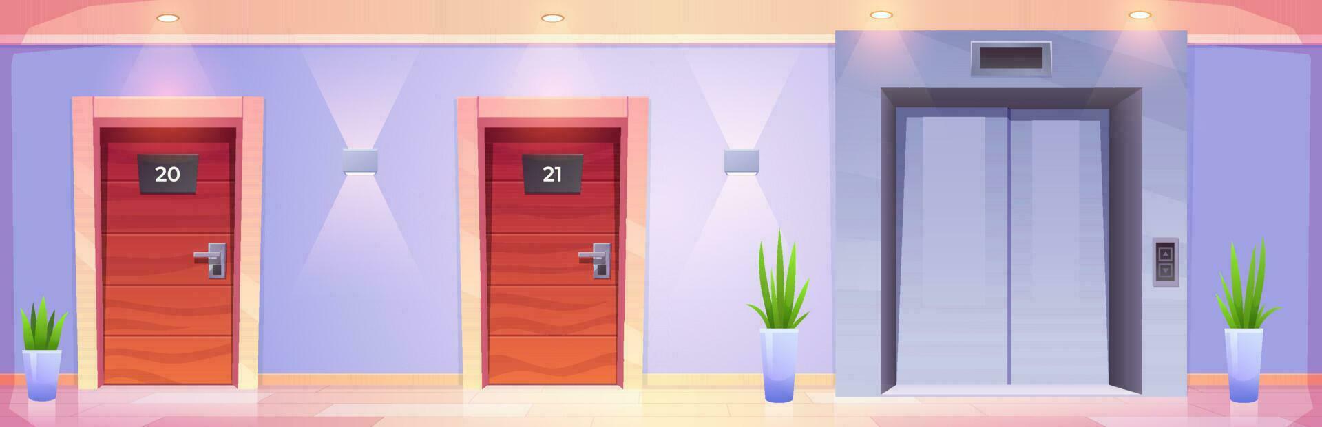 Hotel corridor with elevator and rooms doors vector