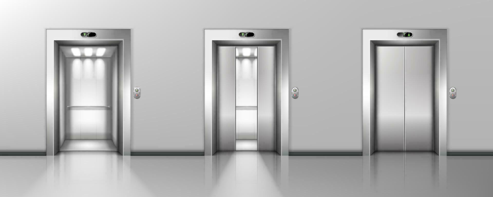 Open and closed metal elevator doors in hallway vector