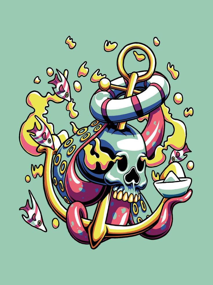Skull in Anchor Doodle Illustration vector