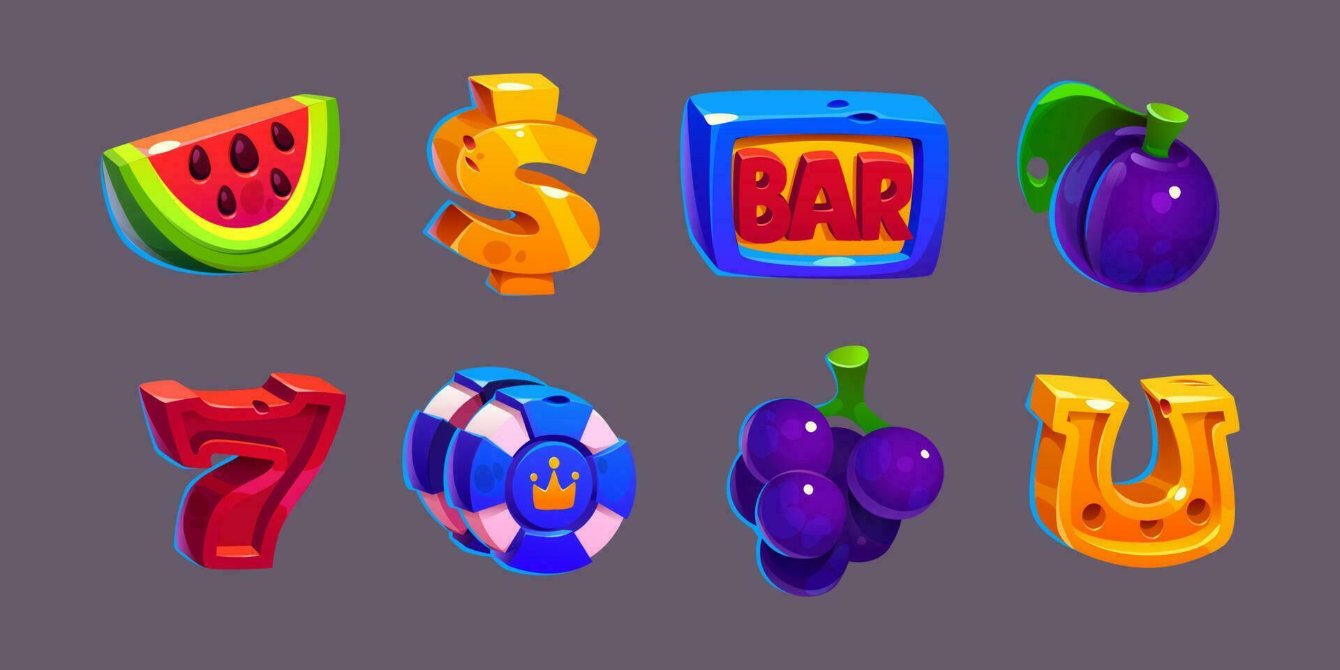 Icons for casino game, gambling slot machine vector