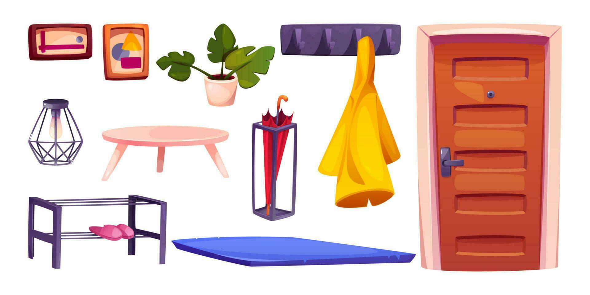 Hallway house door and isolated furniture set vector